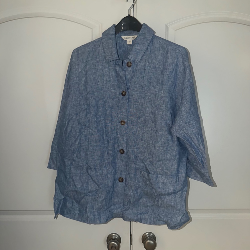 Coldwater Creek Women Blue 100% Linen Button Down Shirt 3/4 Sleeve Size M